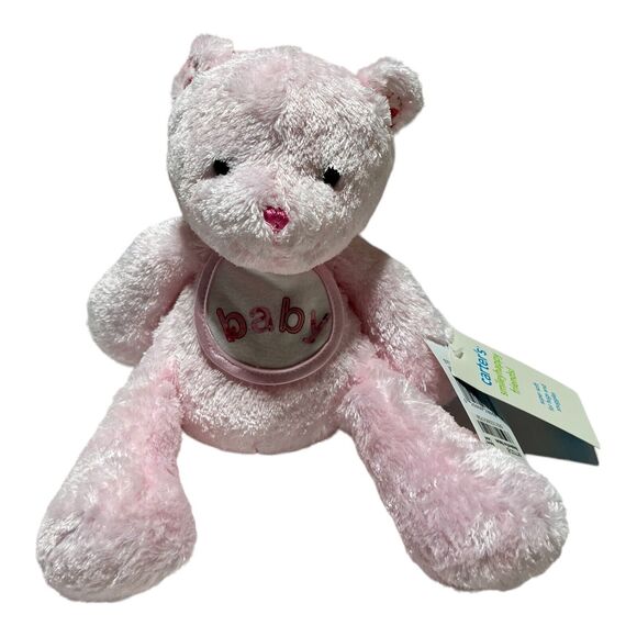 NWT Carters Pink Baby Girl Teddy Bear with Bib Plush Stuffed Animal New - Picture 1 of 6